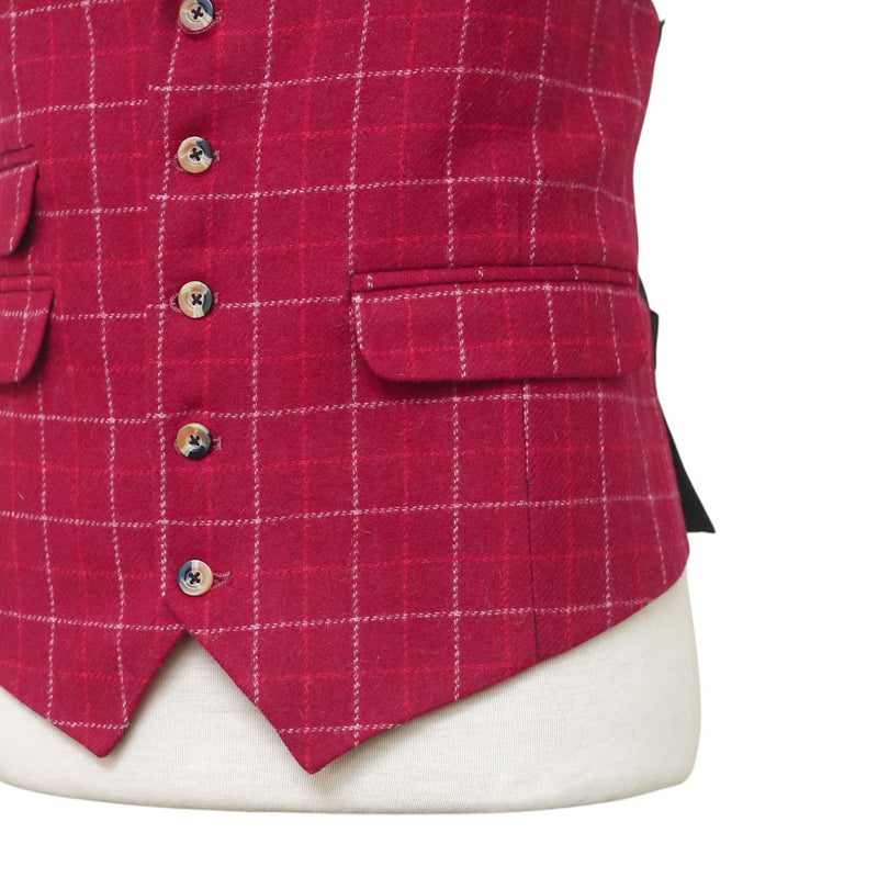 Mens Plaid Vest 44R Burgundy Red Wool Check Waistcoat XL Formal Wedding Party