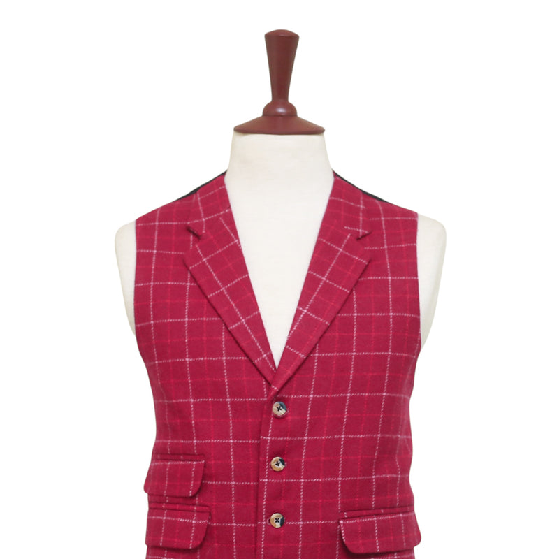 Mens Plaid Vest 44R Burgundy Red Wool Check Waistcoat XL Formal Wedding Party