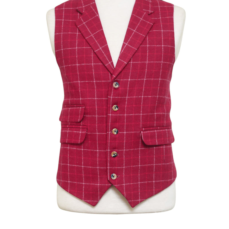 Mens Plaid Vest 44R Burgundy Red Wool Check Waistcoat XL Formal Wedding Party