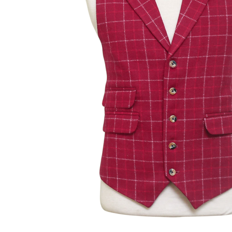 Mens Plaid Vest 44R Burgundy Red Wool Check Waistcoat XL Formal Wedding Party