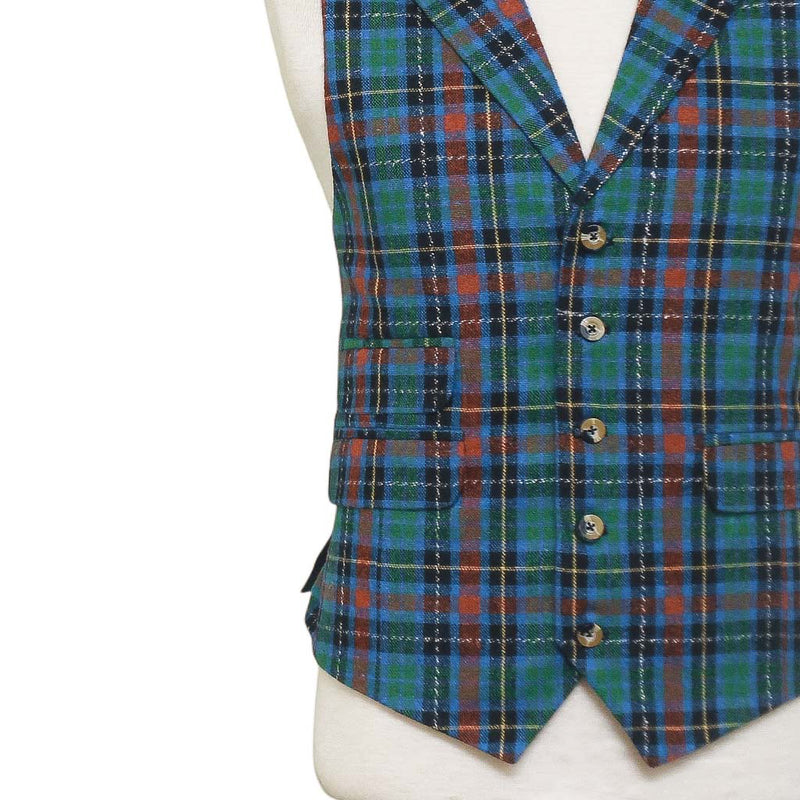Mens Tartan Vest 44R Green Blue Orange Wool Plaid Waistcoat XL Formal Wedding