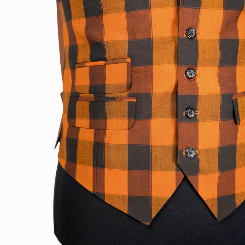 Mens Waistcoat Suit Lapel Vest 40R Orange Green Plaid Check Formal Wedding Party