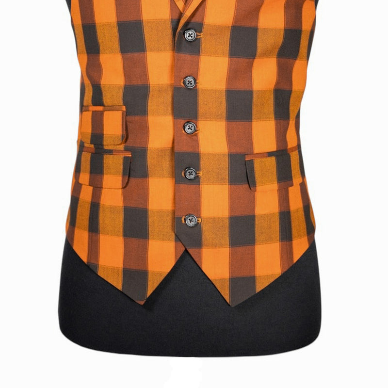 Mens Waistcoat Suit Lapel Vest 40R Orange Green Plaid Check Formal Wedding Party
