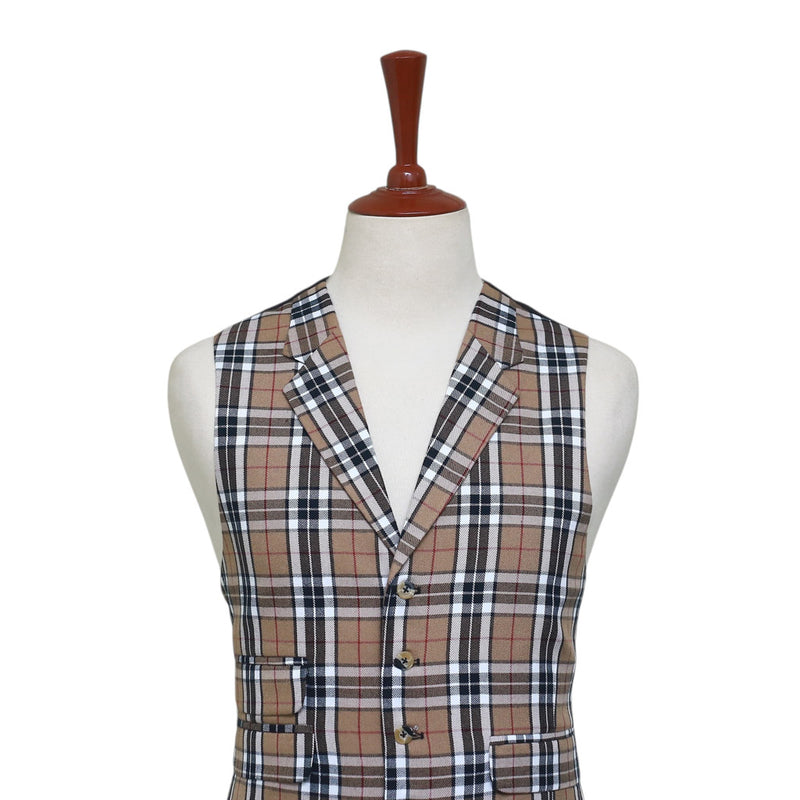 Mens Vest 44R Plaid Check Beige Black Wool Waistcoat XL Formal Wedding Party