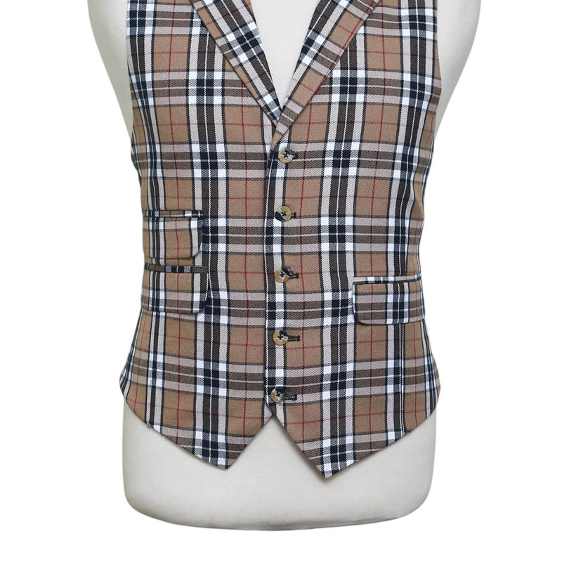 Mens Vest 44R Plaid Check Beige Black Wool Waistcoat XL Formal Wedding Party