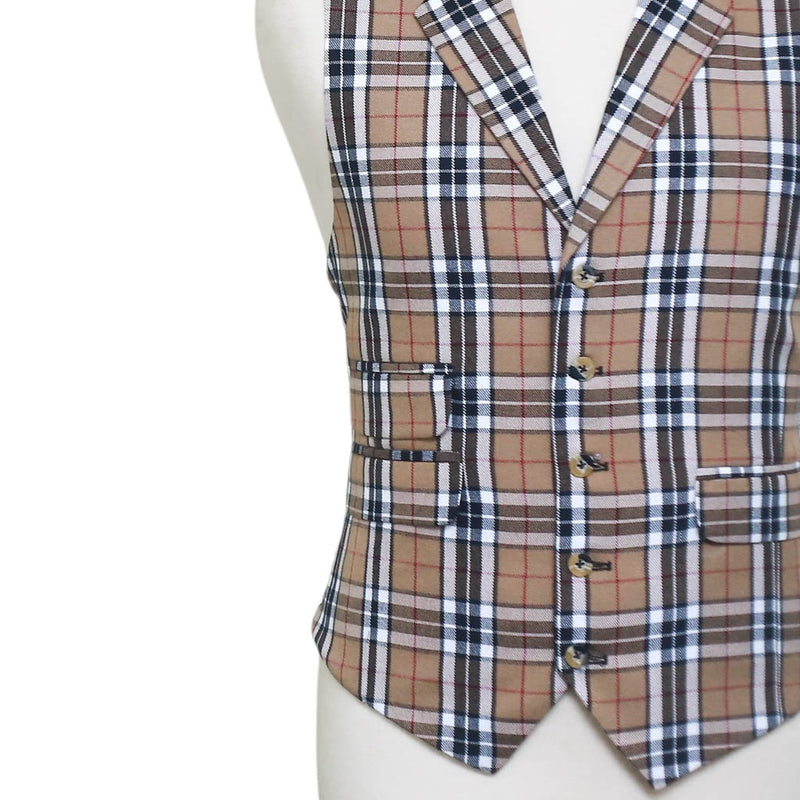 Mens Vest 44R Plaid Check Beige Black Wool Waistcoat XL Formal Wedding Party