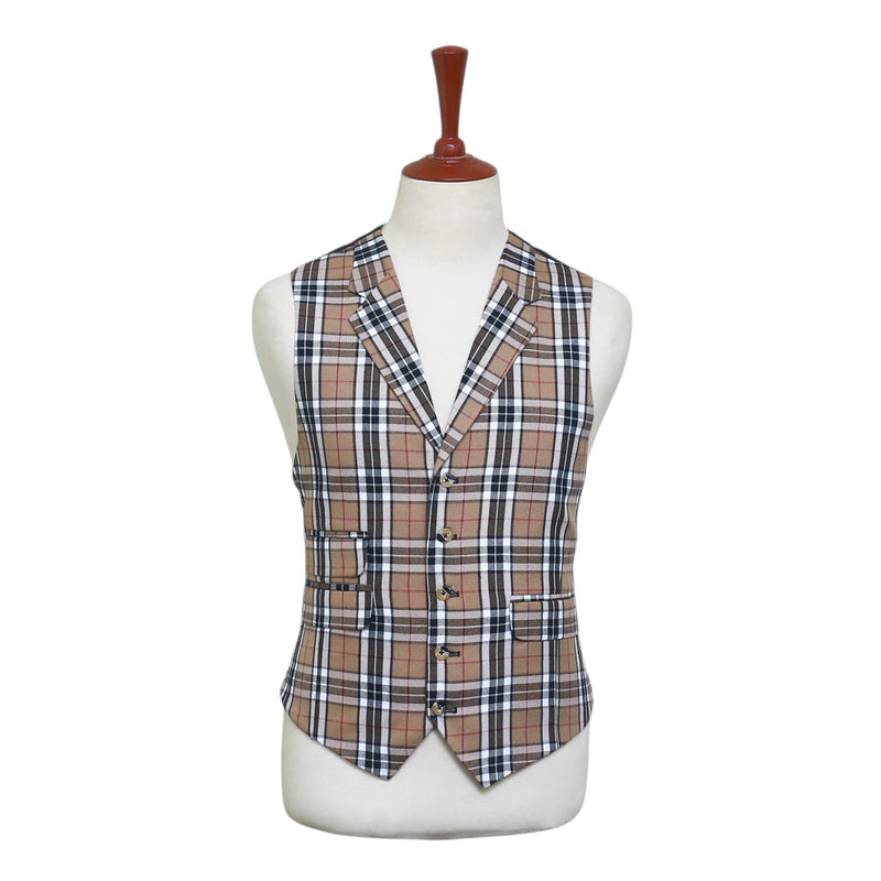 Mens Vest 44R Plaid Check Beige Black Wool Waistcoat XL Formal Wedding Party