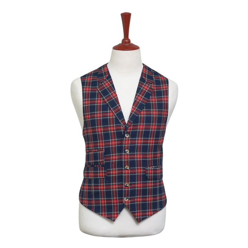 Mens Vest 44R Tartan Plaid Blue Red Wool Waistcoat XL Formal Wedding Party