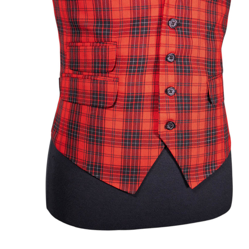 Mens Waistcoat Suit Vest 40R Red Black White Plaid 100% Wool Formal Wedding Prom