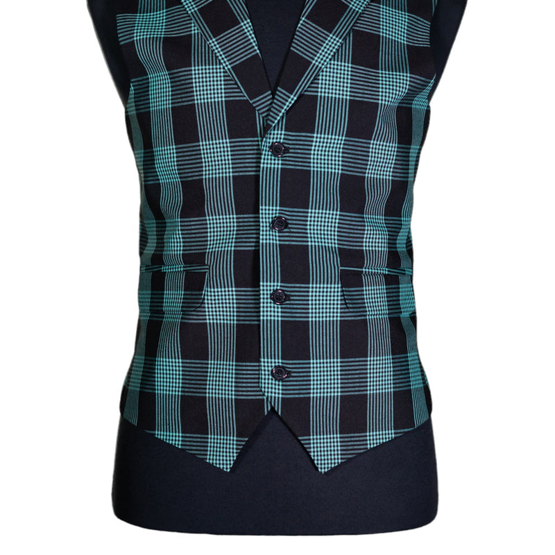 Mens Vest Black Green Plaid Check Dress Formal Wedding Lapel Waistcoat Medium