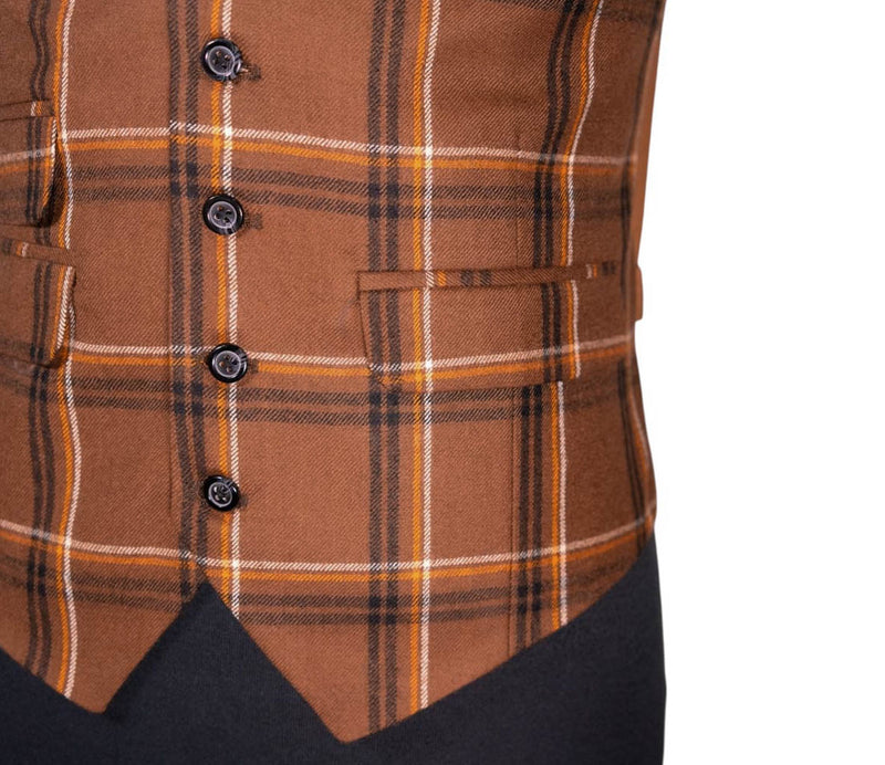 Mens Waistcoat Suit Lapel Vest 40R Brown Orange Plaid Wool Formal Wedding Party