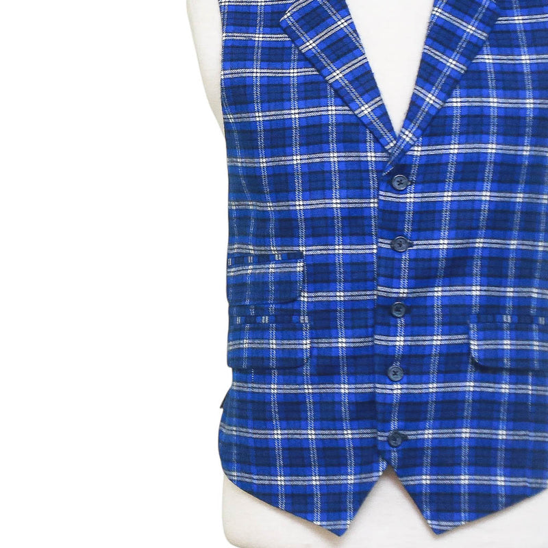 Mens Vest 44R Plaid Wool Blue Lapel Waistcoat Western Formal Wedding Groom Party