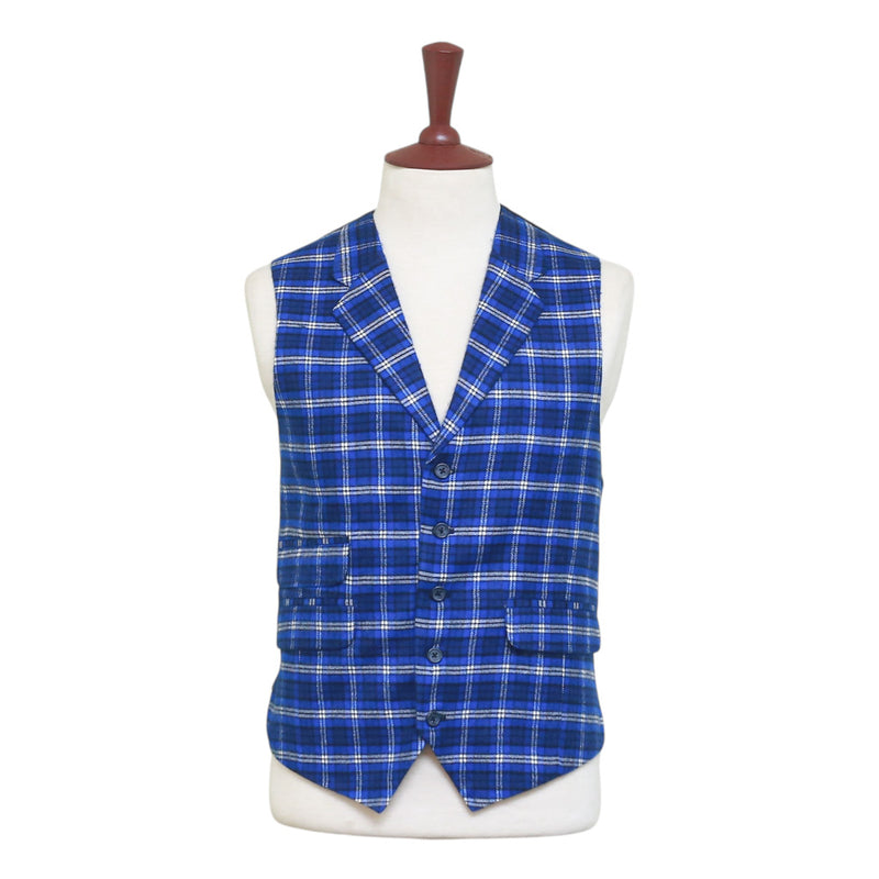 Mens Vest 44R Plaid Wool Blue Lapel Waistcoat Western Formal Wedding Groom Party