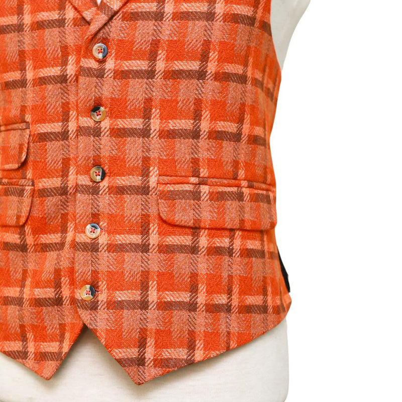 Mens Vest 44R Tweed Wool Orange Brown Plaid Lapel Waistcoat Formal Wedding Party