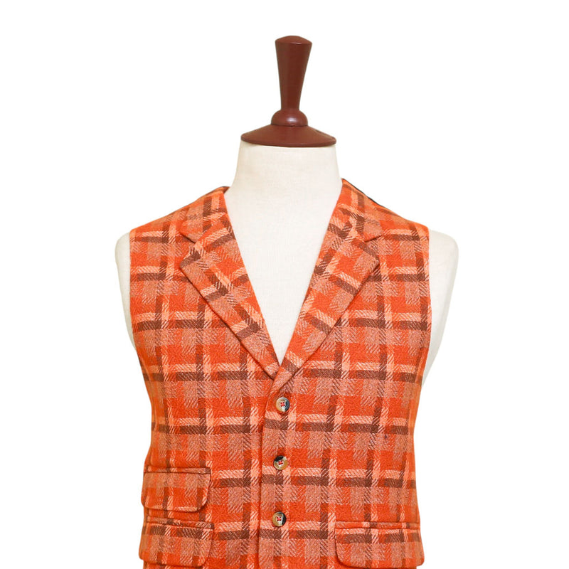Mens Vest 44R Tweed Wool Orange Brown Plaid Lapel Waistcoat Formal Wedding Party
