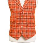 Mens Vest 44R Tweed Wool Orange Brown Plaid Lapel Waistcoat Formal Wedding Party