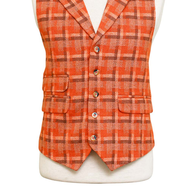 Mens Vest 44R Tweed Wool Orange Brown Plaid Lapel Waistcoat Formal Wedding Party