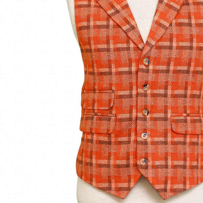 Mens Vest 44R Tweed Wool Orange Brown Plaid Lapel Waistcoat Formal Wedding Party