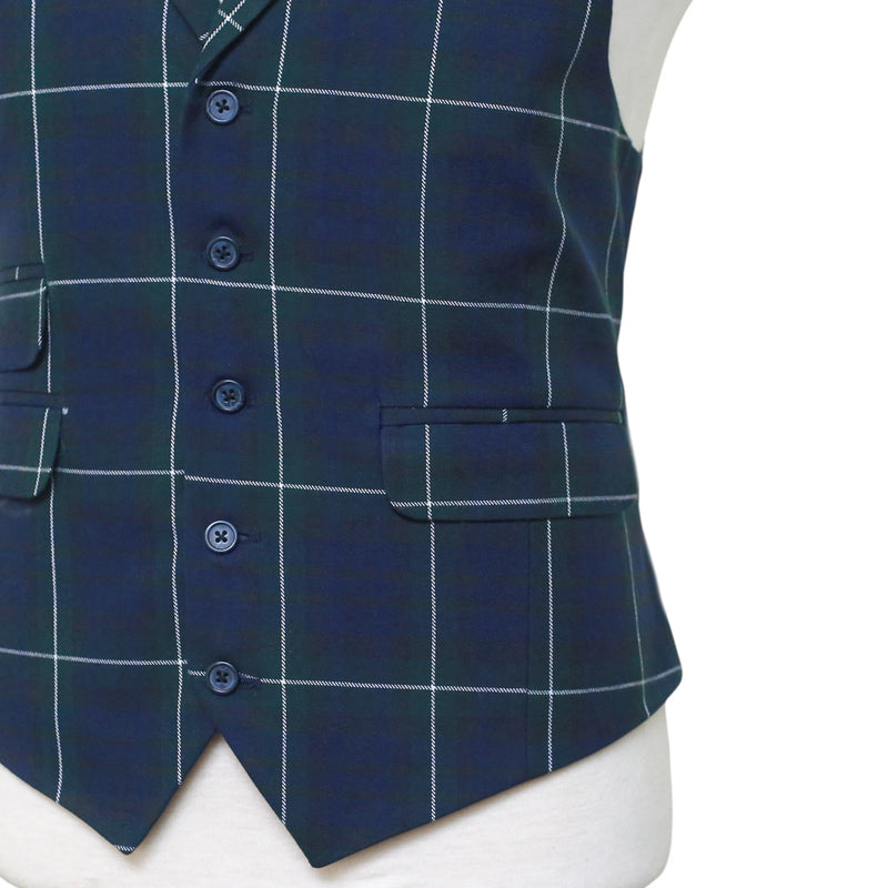 Mens Tartan Vest 44R Wool Blue Green White Plaid Waistcoat Formal Wedding Party