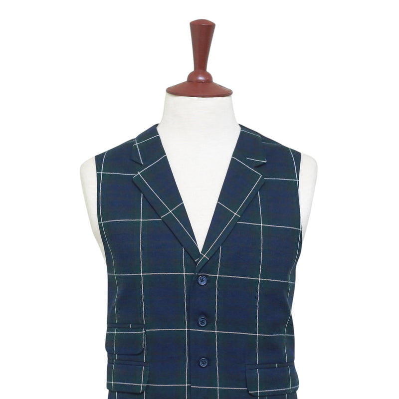 Mens Tartan Vest 44R Wool Blue Green White Plaid Waistcoat Formal Wedding Party