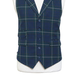 Mens Tartan Vest 44R Wool Blue Green White Plaid Waistcoat Formal Wedding Party