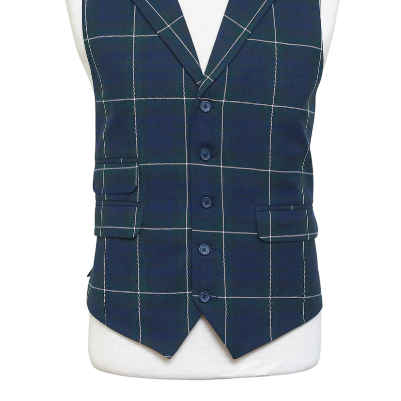 Mens Tartan Vest 44R Wool Blue Green White Plaid Waistcoat Formal Wedding Party