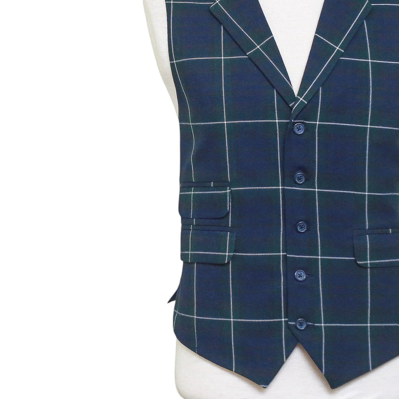 Mens Tartan Vest 44R Wool Blue Green White Plaid Waistcoat Formal Wedding Party