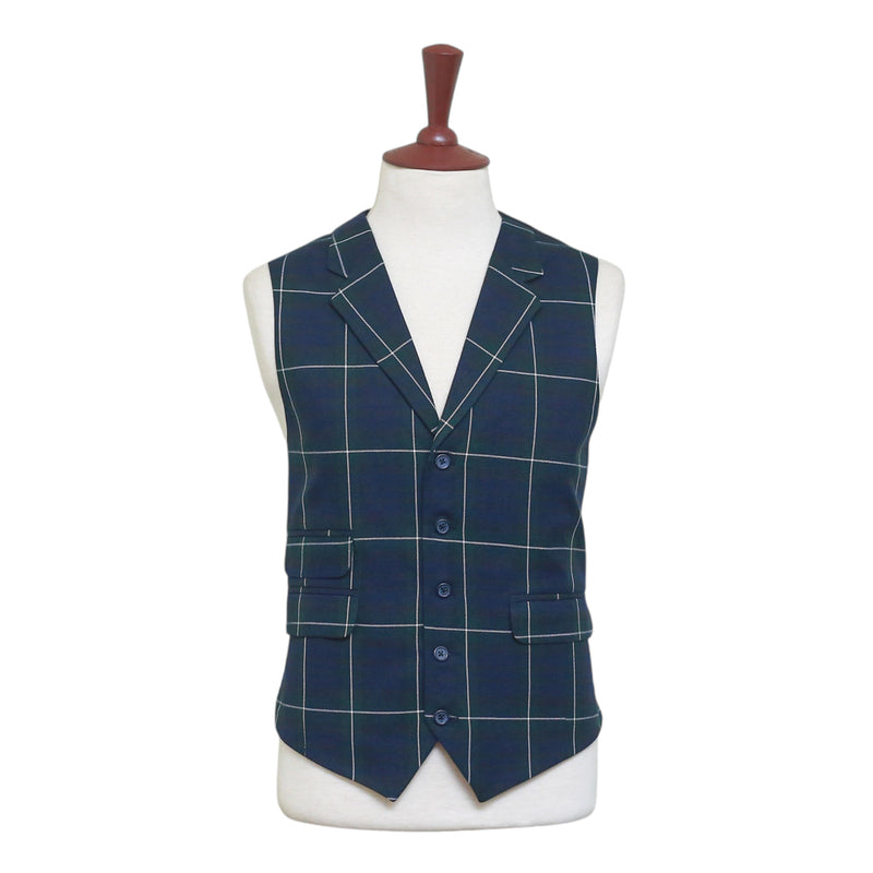 Mens Tartan Vest 44R Wool Blue Green White Plaid Waistcoat Formal Wedding Party