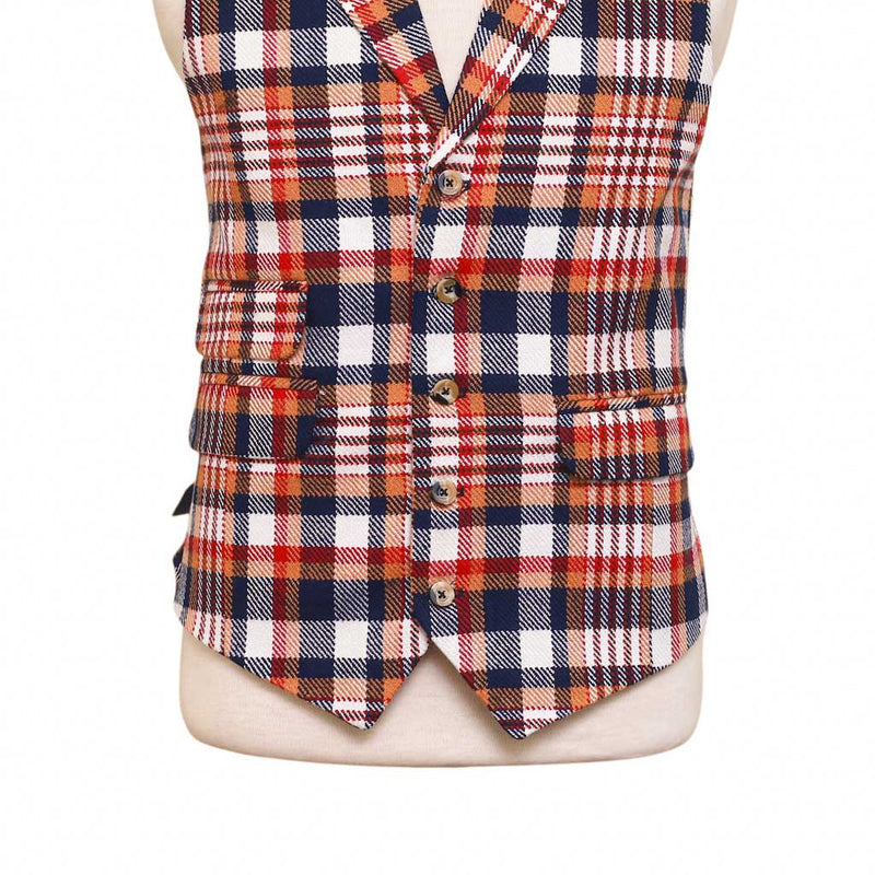 Mens Vest 44R Tartan Plaid Wool Orange Blue Waistcoat XL Formal Wedding Party