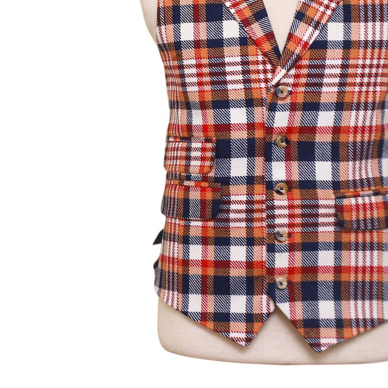 Mens Vest 44R Tartan Plaid Wool Orange Blue Waistcoat XL Formal Wedding Party