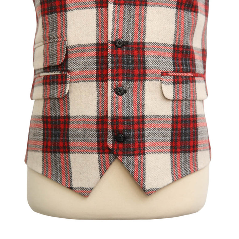 Mens Vest Suit Lapel Red Beige Plaid Wool Dress Formal Wedding Waistcoat XL 46