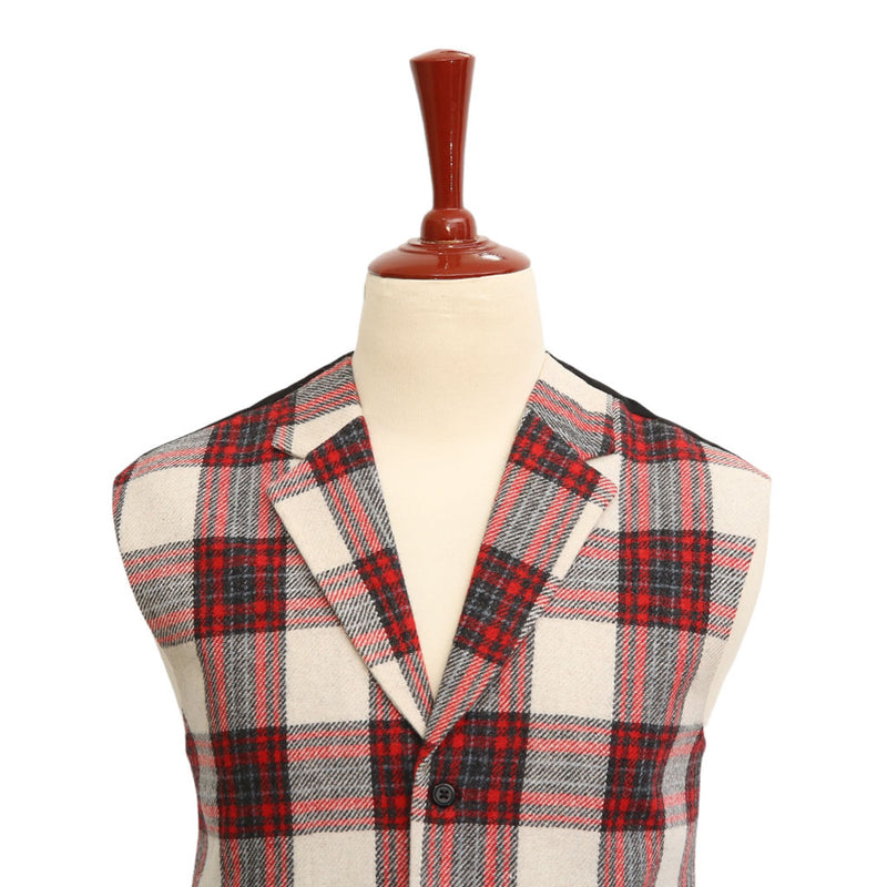 Mens Vest Suit Lapel Red Beige Plaid Wool Dress Formal Wedding Waistcoat XL 46