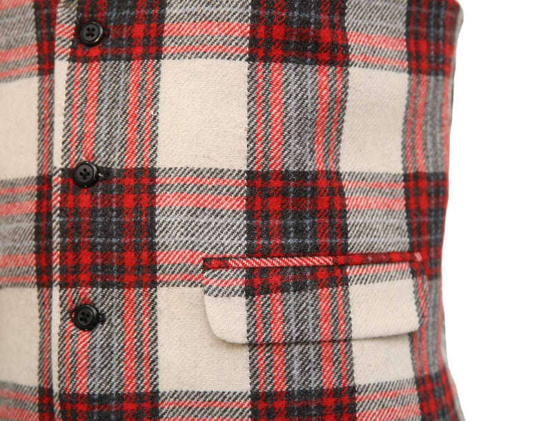 Mens Vest Suit Lapel Red Beige Plaid Wool Dress Formal Wedding Waistcoat XL 46