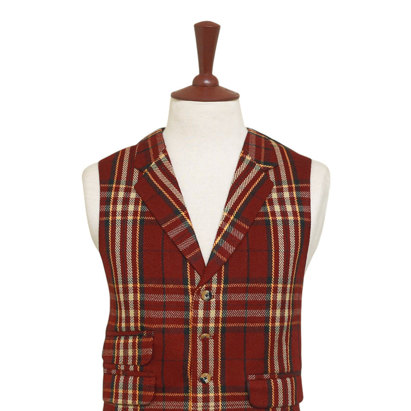 Mens Vest 44R Plaid Wool Burgundy Yellow Waistcoat Western Formal Wedding Party