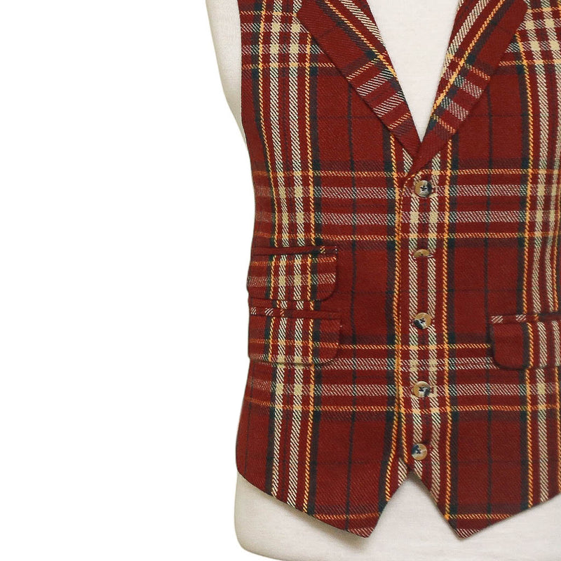 Mens Vest 44R Plaid Wool Burgundy Yellow Waistcoat Western Formal Wedding Party
