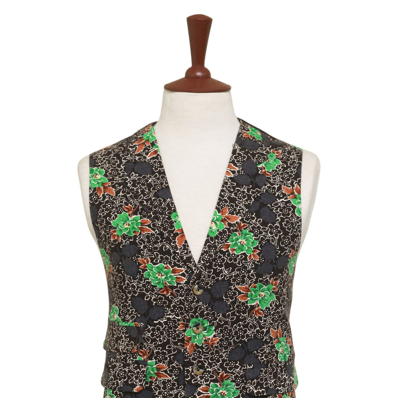 Mens Vest 44R Floral Brown Green Wool Lapel Waistcoat Formal Wedding Groom Party