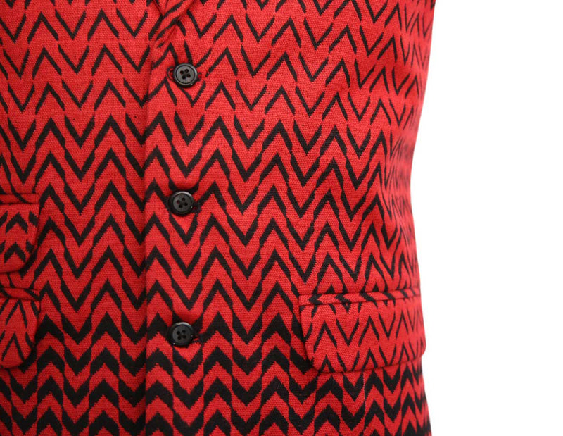 Mens Vest Suit Lapel Red Black Geometric Wool Formal Wedding Waistcoat XL 46