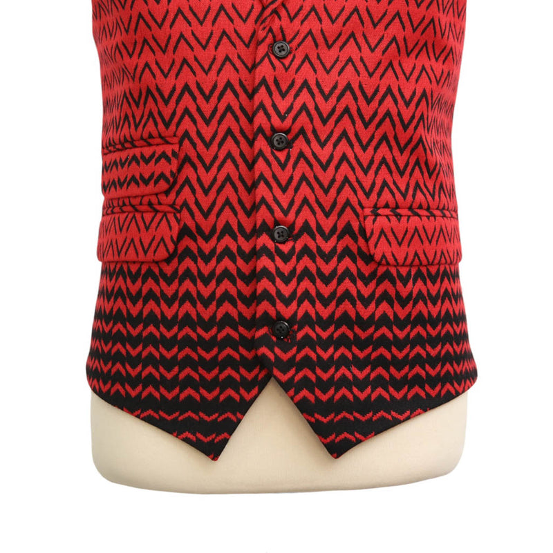 Mens Vest Suit Lapel Red Black Geometric Wool Formal Wedding Waistcoat XL 46