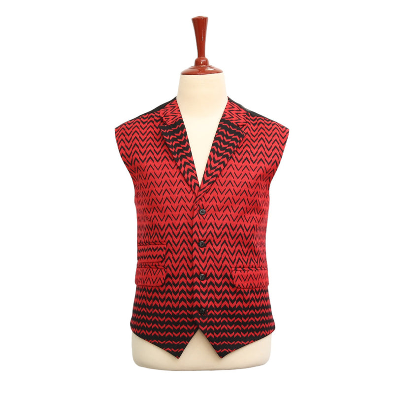 Mens Vest Suit Lapel Red Black Geometric Wool Formal Wedding Waistcoat XL 46