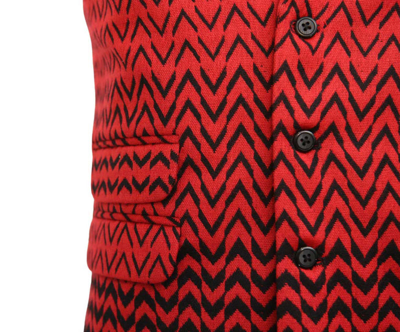 Mens Vest Suit Lapel Red Black Geometric Wool Formal Wedding Waistcoat XL 46