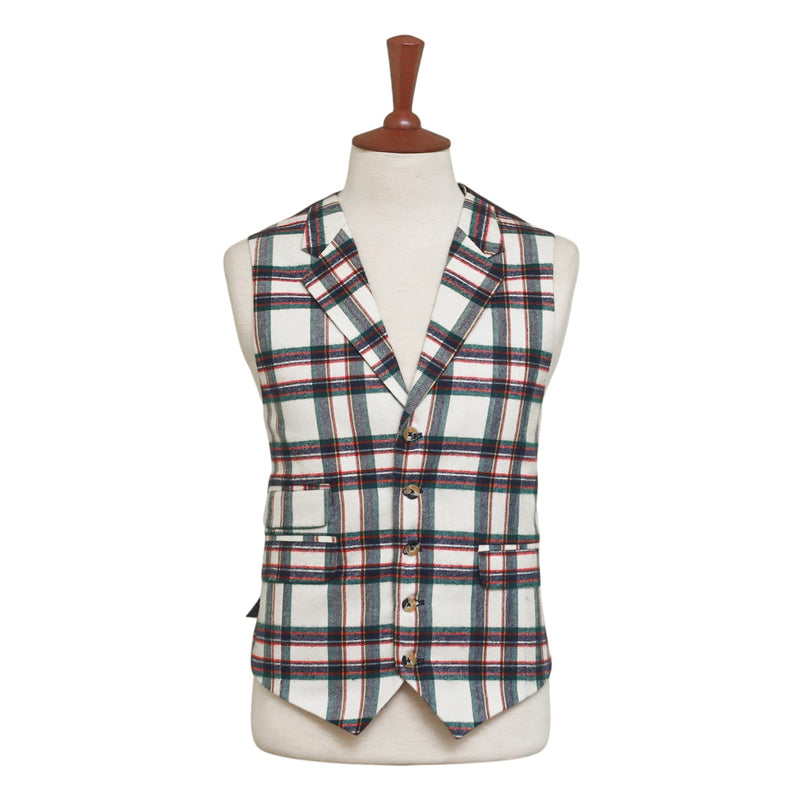 Mens Plaid Vest 44R Wool Ivory Blue Red Waistcoat XL Casual Formal Wedding Party