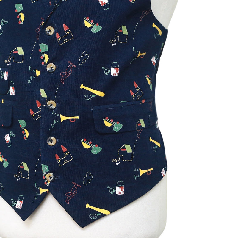 Mens Vest 44R Blue Corduroy Novelty Graphic Print Waistcoat XL Casual Formal Preppy