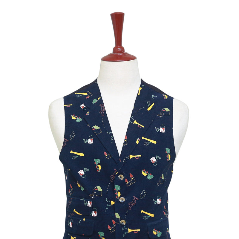 Mens Vest 44R Blue Corduroy Novelty Graphic Print Waistcoat XL Casual Formal Preppy