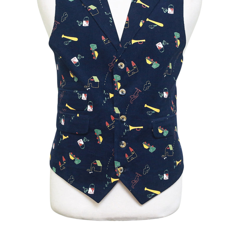 Mens Vest 44R Blue Corduroy Novelty Graphic Print Waistcoat XL Casual Formal Preppy