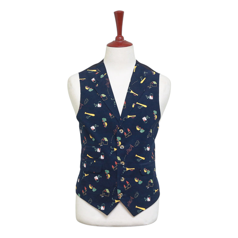 Mens Vest 44R Blue Corduroy Novelty Graphic Print Waistcoat XL Casual Formal Preppy