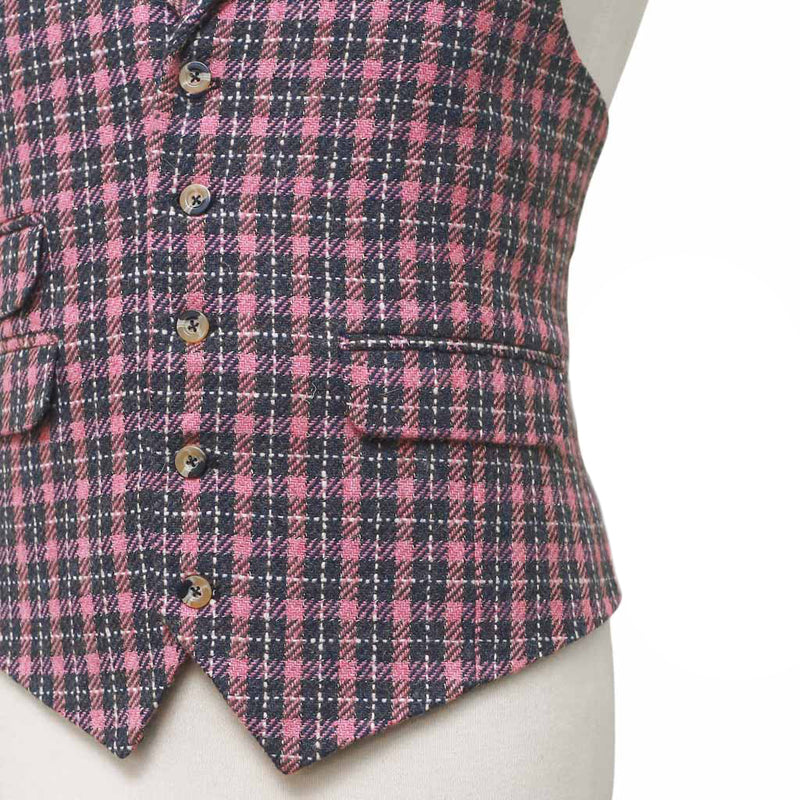 Mens Plaid Vest 44R Pink Brown Wool Waistcoat XL Casual Formal Wedding Party Groom