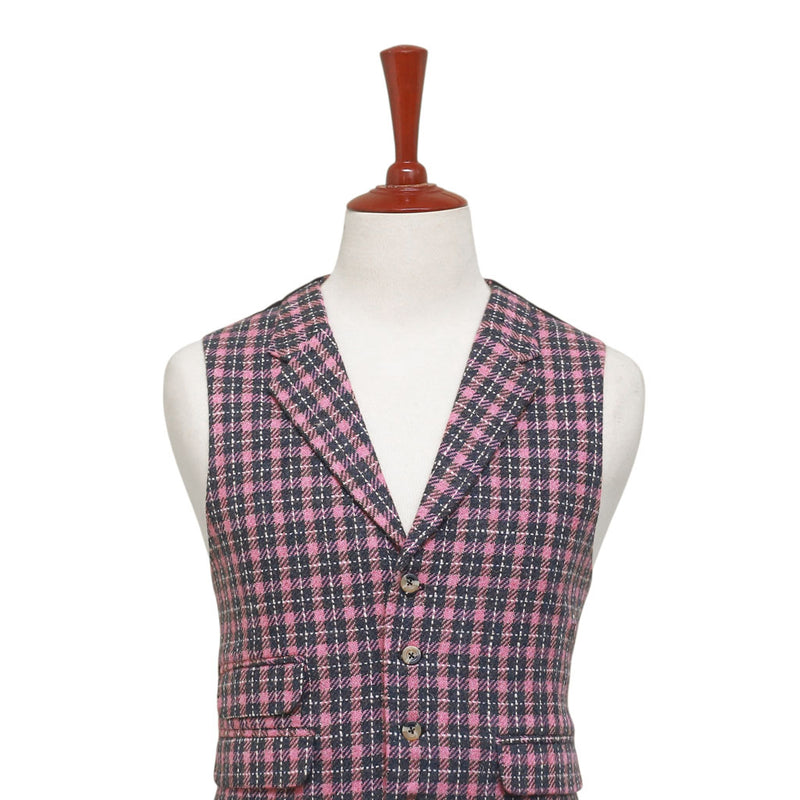 Mens Plaid Vest 44R Pink Brown Wool Waistcoat XL Casual Formal Wedding Party Groom