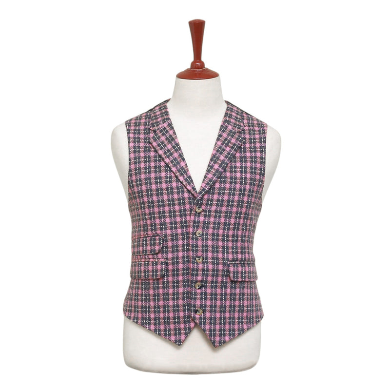 Mens Plaid Vest 44R Pink Brown Wool Waistcoat XL Casual Formal Wedding Party Groom