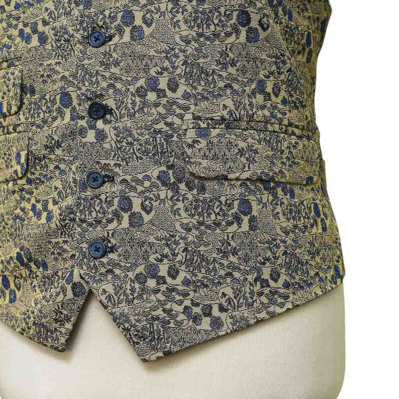 Mens Floral Vest 44R Beige Blue Jacquard Waistcoat Formal Wedding Groom Party