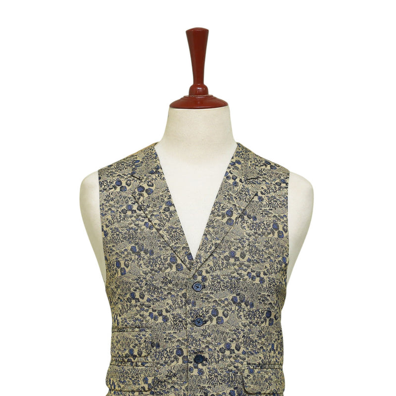 Mens Floral Vest 44R Beige Blue Jacquard Waistcoat Formal Wedding Groom Party